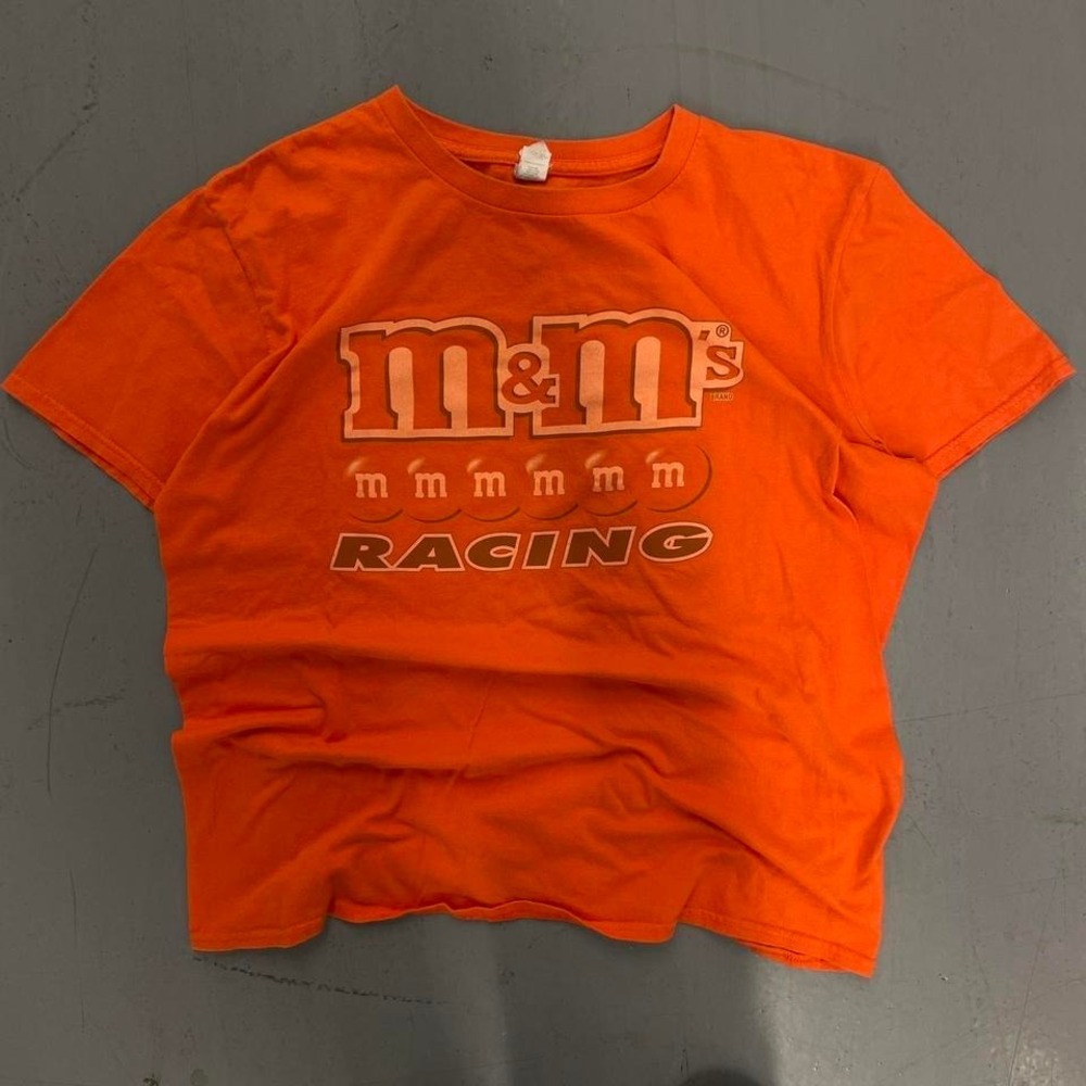 Orange M&Ms racing tee on vintage Anvil tag